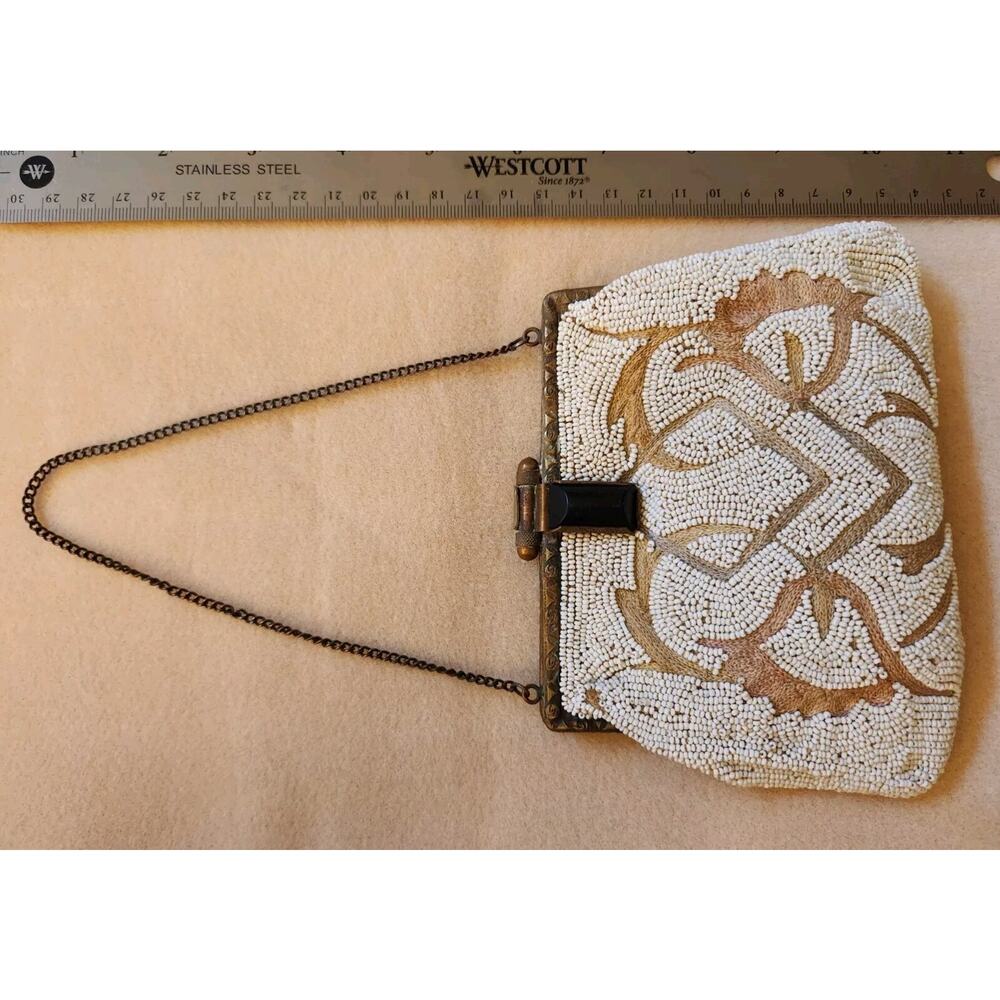 Beautiful Vintage Beige & Needlepoint Purse Clutch W/Chain Strap From Belgium